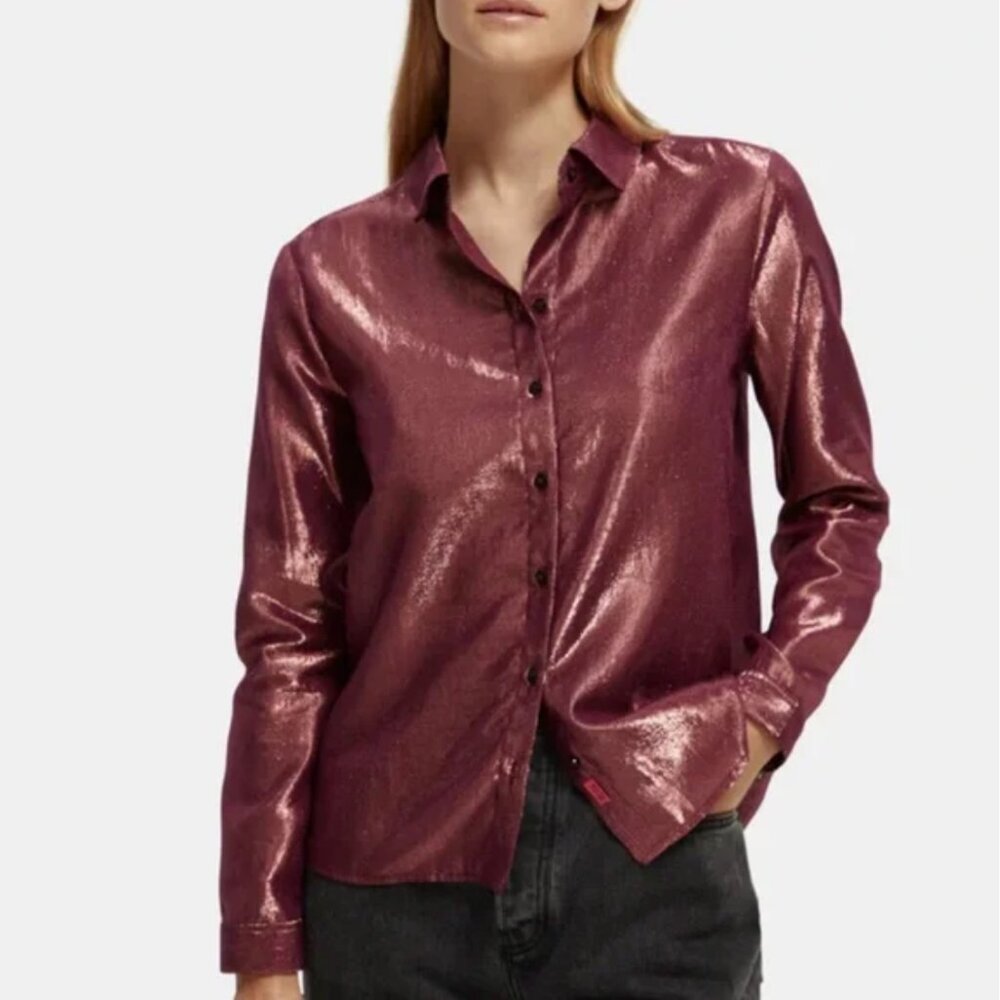 NWT scotch & soda cotton lurex button-down shirt maroon red shine women's small